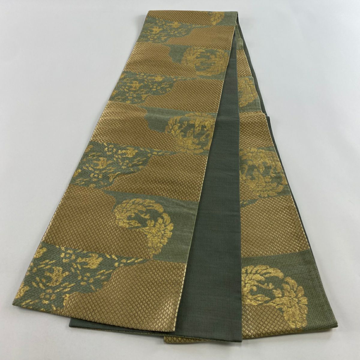 【美品】 袋帶 秀品級 鳥 横段 金絲 金銀彩 金色 全通 純蠶絲