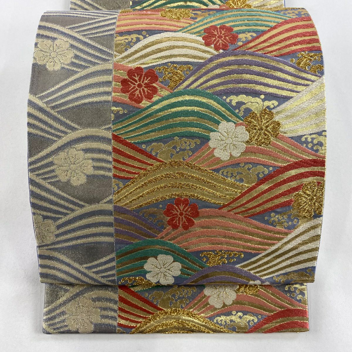 【美品】 袋帶 秀品級 樱花 波紋 金金箔 金絲 金色 六通 純蠶絲