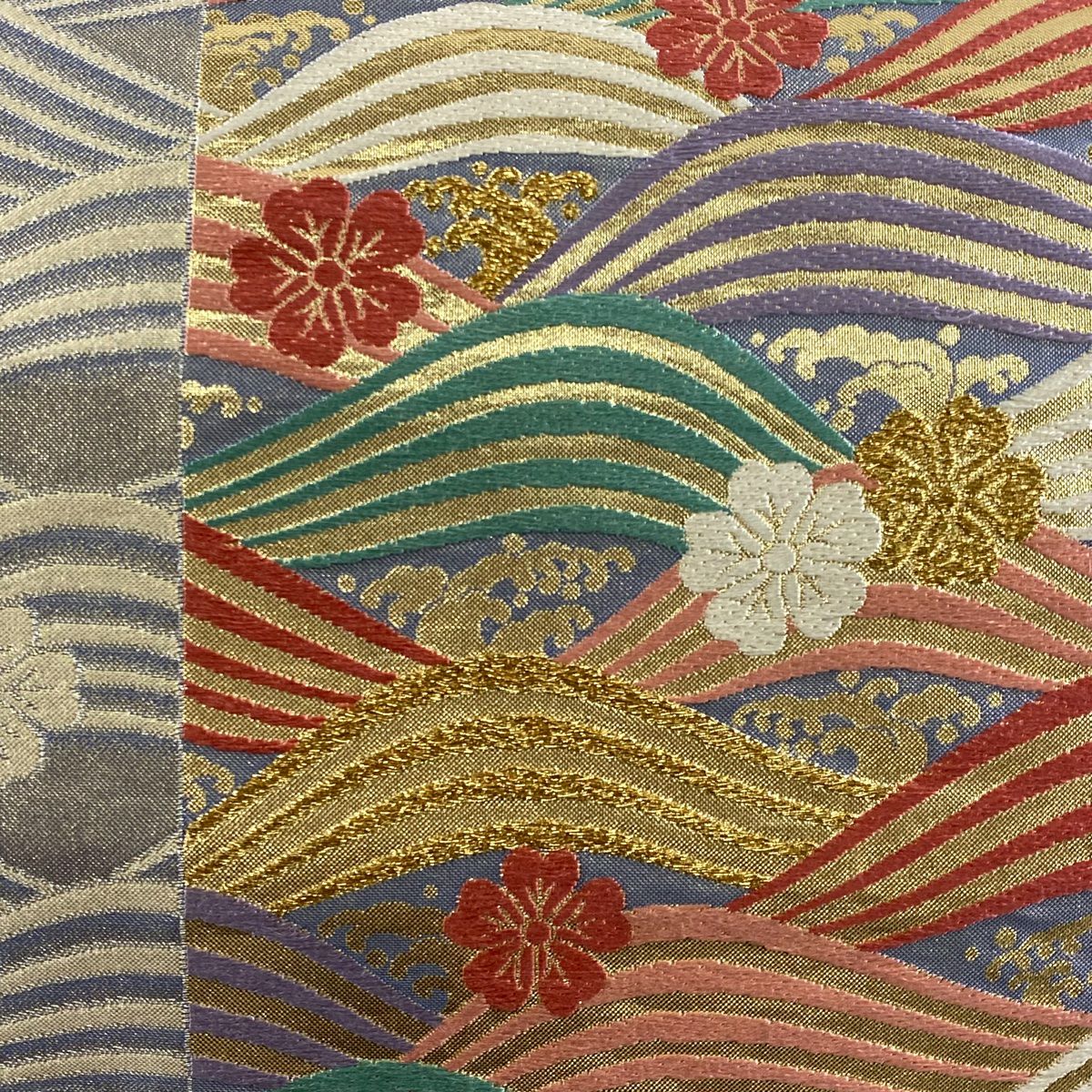 【美品】 袋帶 秀品級 樱花 波紋 金金箔 金絲 金色 六通 純蠶絲