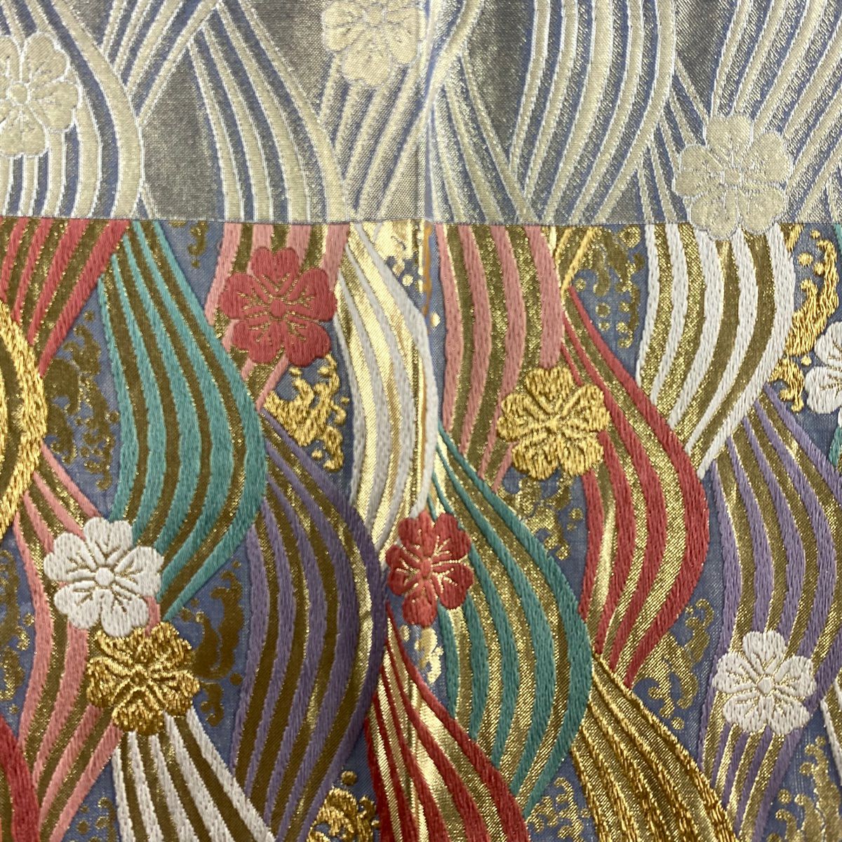 【美品】 袋帶 秀品級 樱花 波紋 金金箔 金絲 金色 六通 純蠶絲