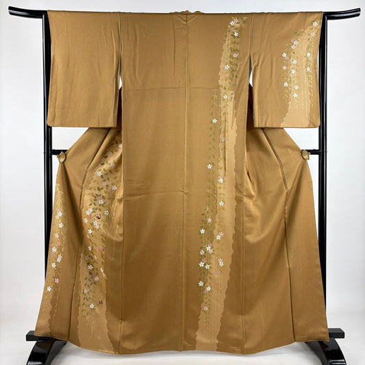 【美品】訪問服 身長163cm 袖長63cm S 雙層 垂枝櫻 蝴蝶 金絲刺繡 黃土 純蠶絲 優品級