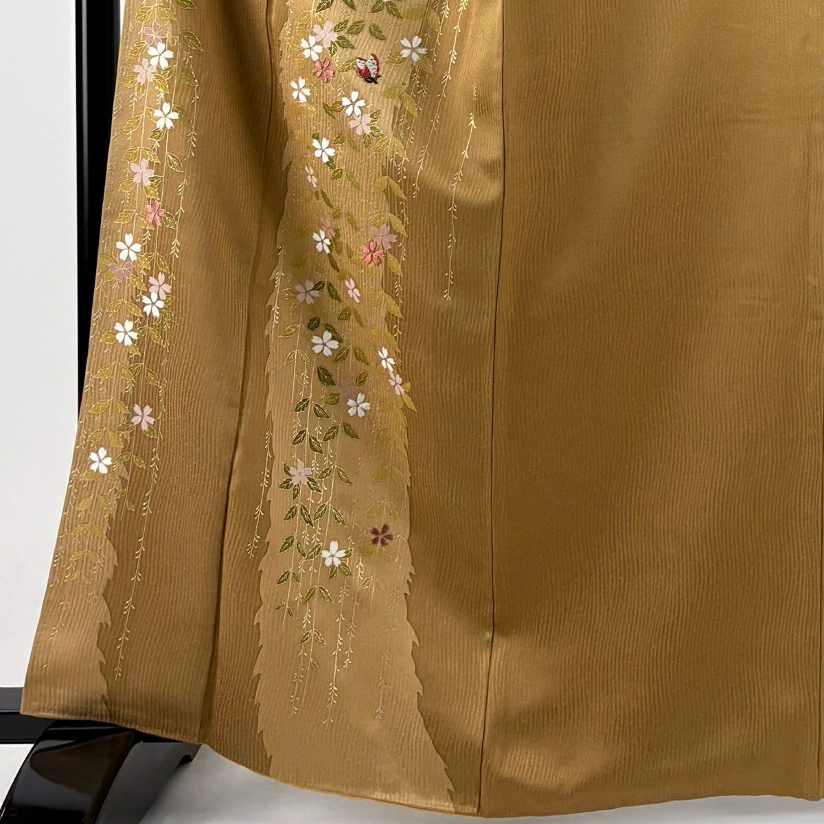 【美品】訪問服 身長163cm 袖長63cm S 雙層 垂枝櫻 蝴蝶 金絲刺繡 黃土 純蠶絲 優品級