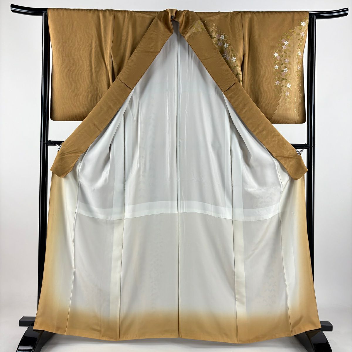 【美品】訪問服 身長163cm 袖長63cm S 雙層 垂枝櫻 蝴蝶 金絲刺繡 黃土 純蠶絲 優品級