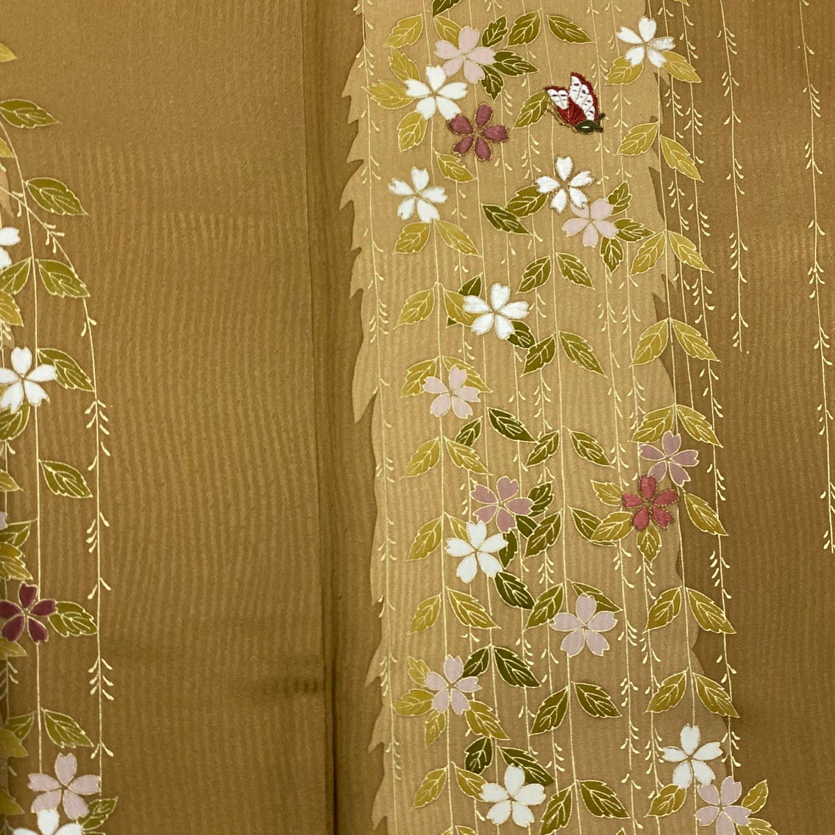 【美品】訪問服 身長163cm 袖長63cm S 雙層 垂枝櫻 蝴蝶 金絲刺繡 黃土 純蠶絲 優品級