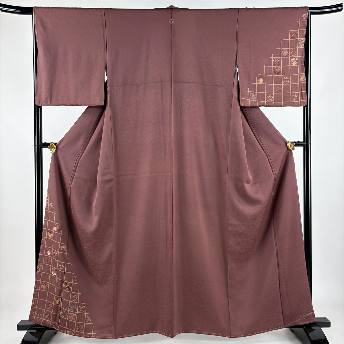 付下 身長160cm 袖長65cm M 雙層 寶物滿載 格子 刺繡 小豆色 純蠶絲 優品級 一個紋