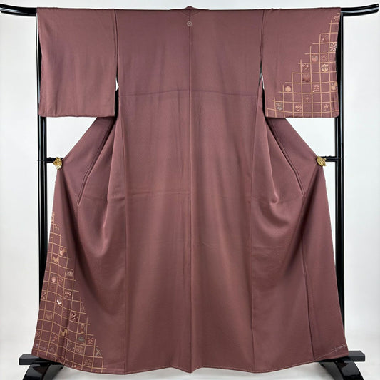付下 身長160cm 袖長65cm M 雙層 寶物滿載 格子 刺繡 小豆色 純蠶絲 優品級 一個紋