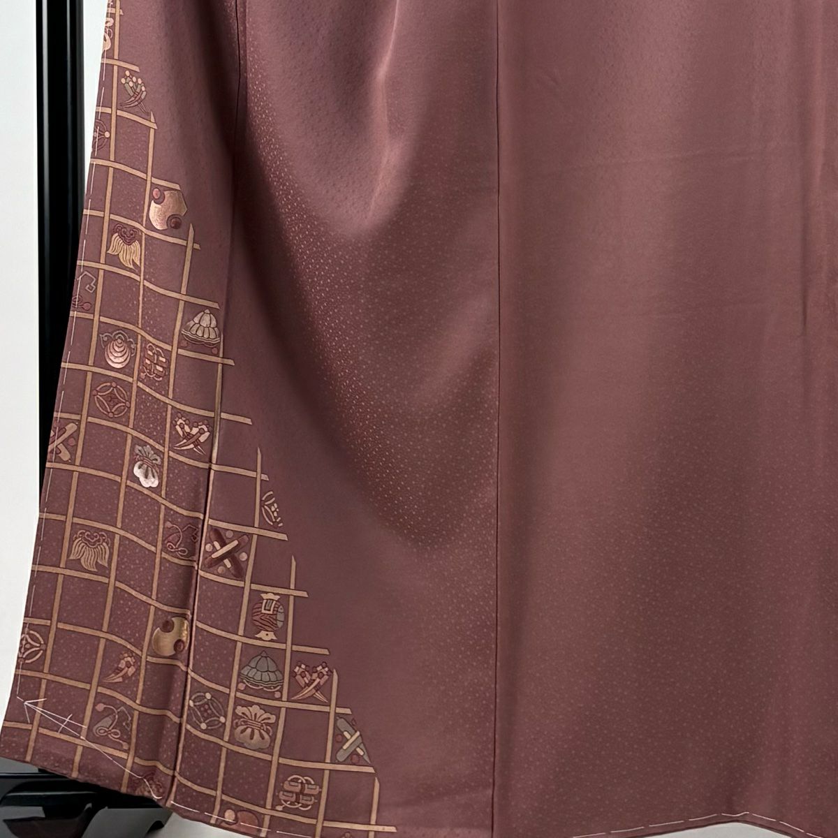 付下 身長160cm 袖長65cm M 雙層 寶物滿載 格子 刺繡 小豆色 純蠶絲 優品級 一個紋