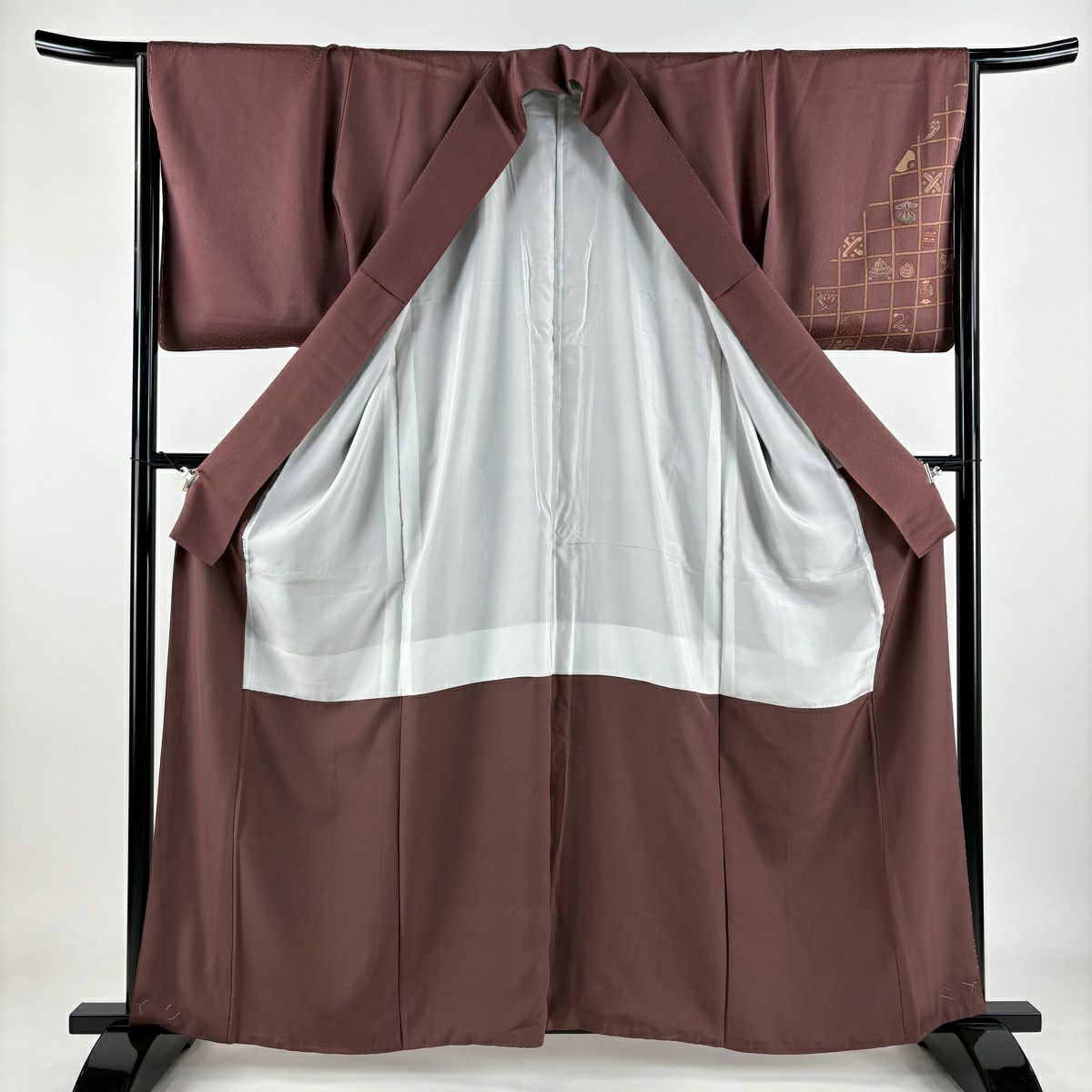 付下 身長160cm 袖長65cm M 雙層 寶物滿載 格子 刺繡 小豆色 純蠶絲 優品級 一個紋