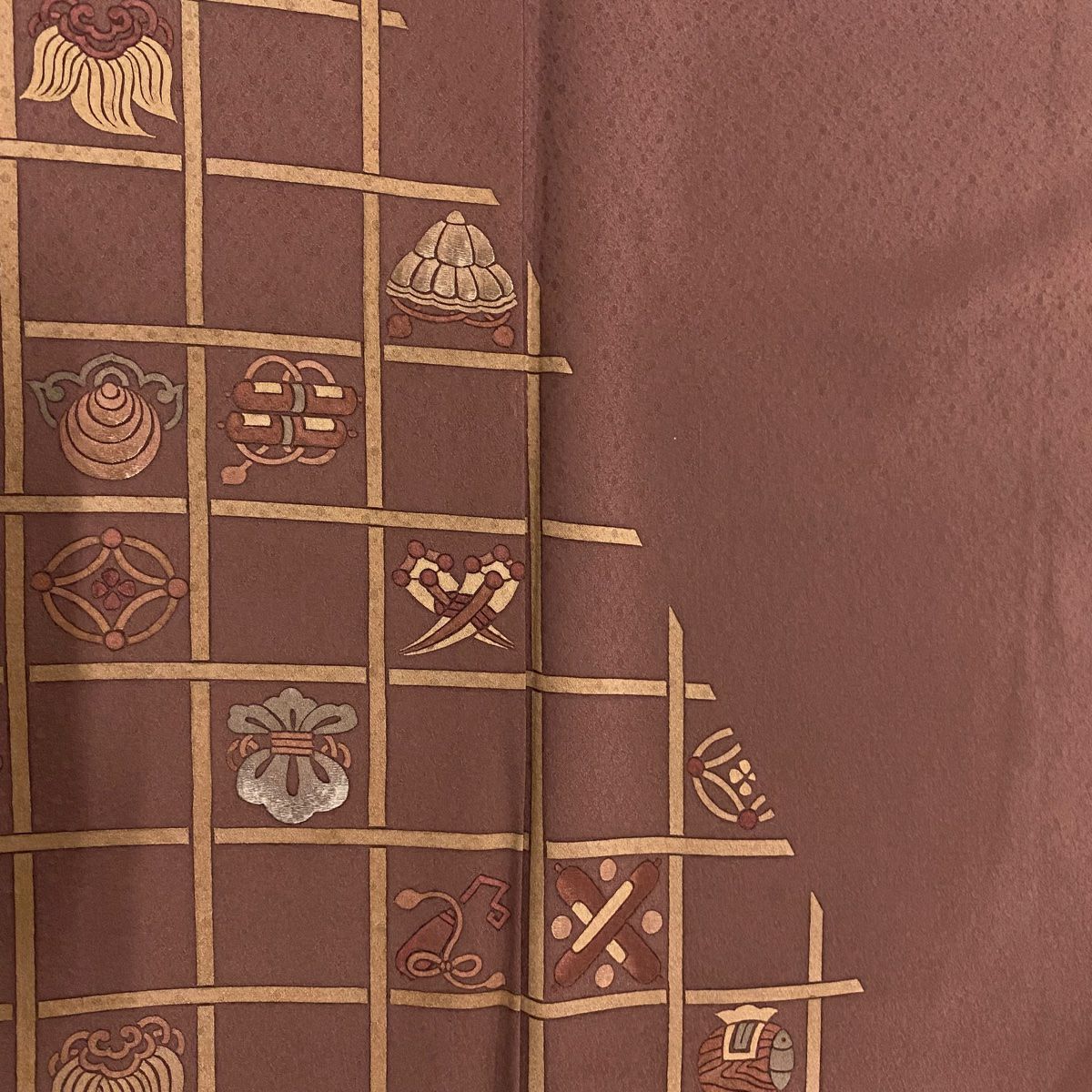 付下 身長160cm 袖長65cm M 雙層 寶物滿載 格子 刺繡 小豆色 純蠶絲 優品級 一個紋