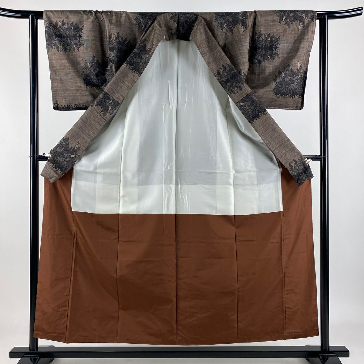 【美品】 紬織 身長156cm 袖長61cm S 雙層 枝葉 焦茶 純蠶絲 秀品級