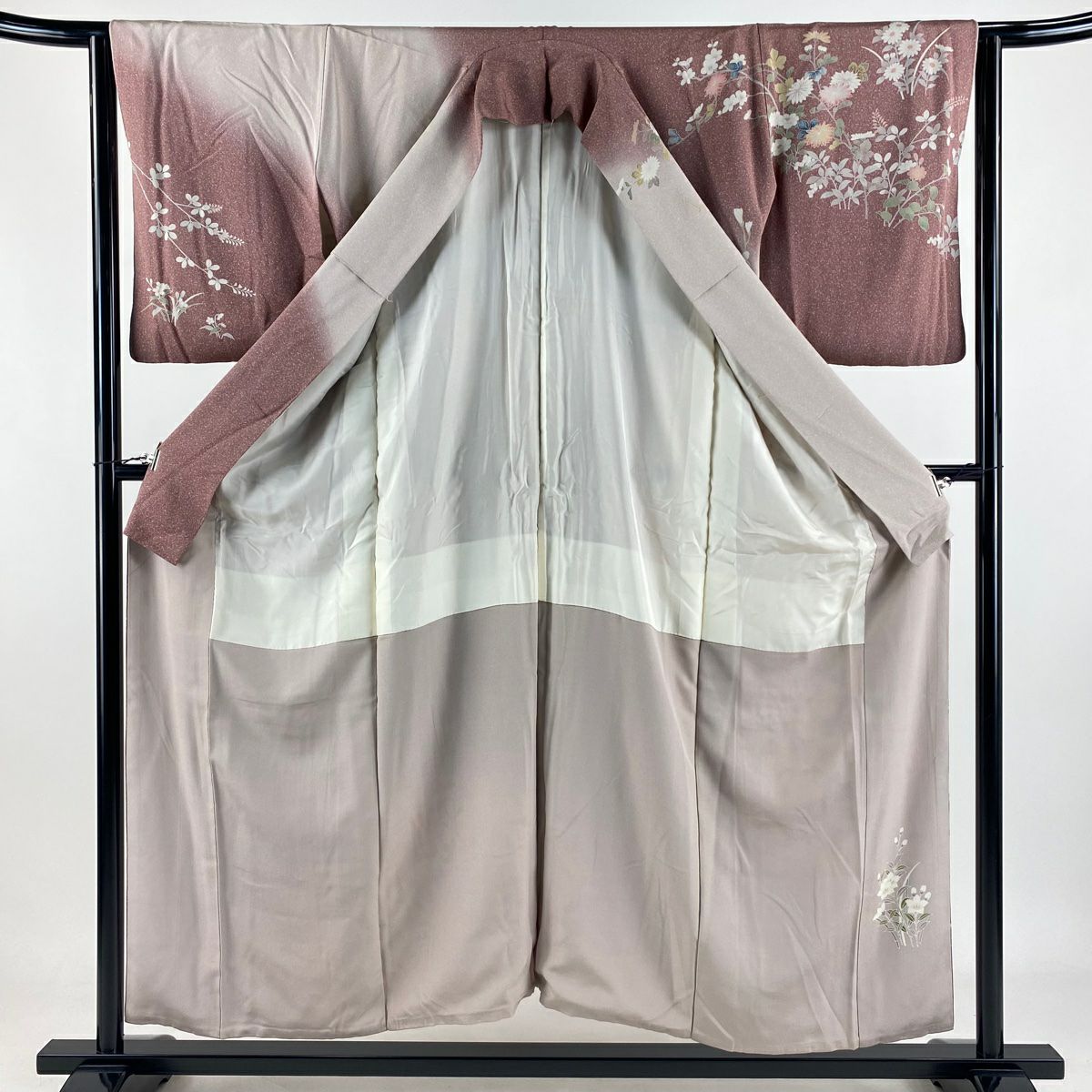 訪問服 身長153.5cm 袖長62.5cm S 雙層 鈴乃屋 秋草 漸層 灰紫 純蠶絲 優品級