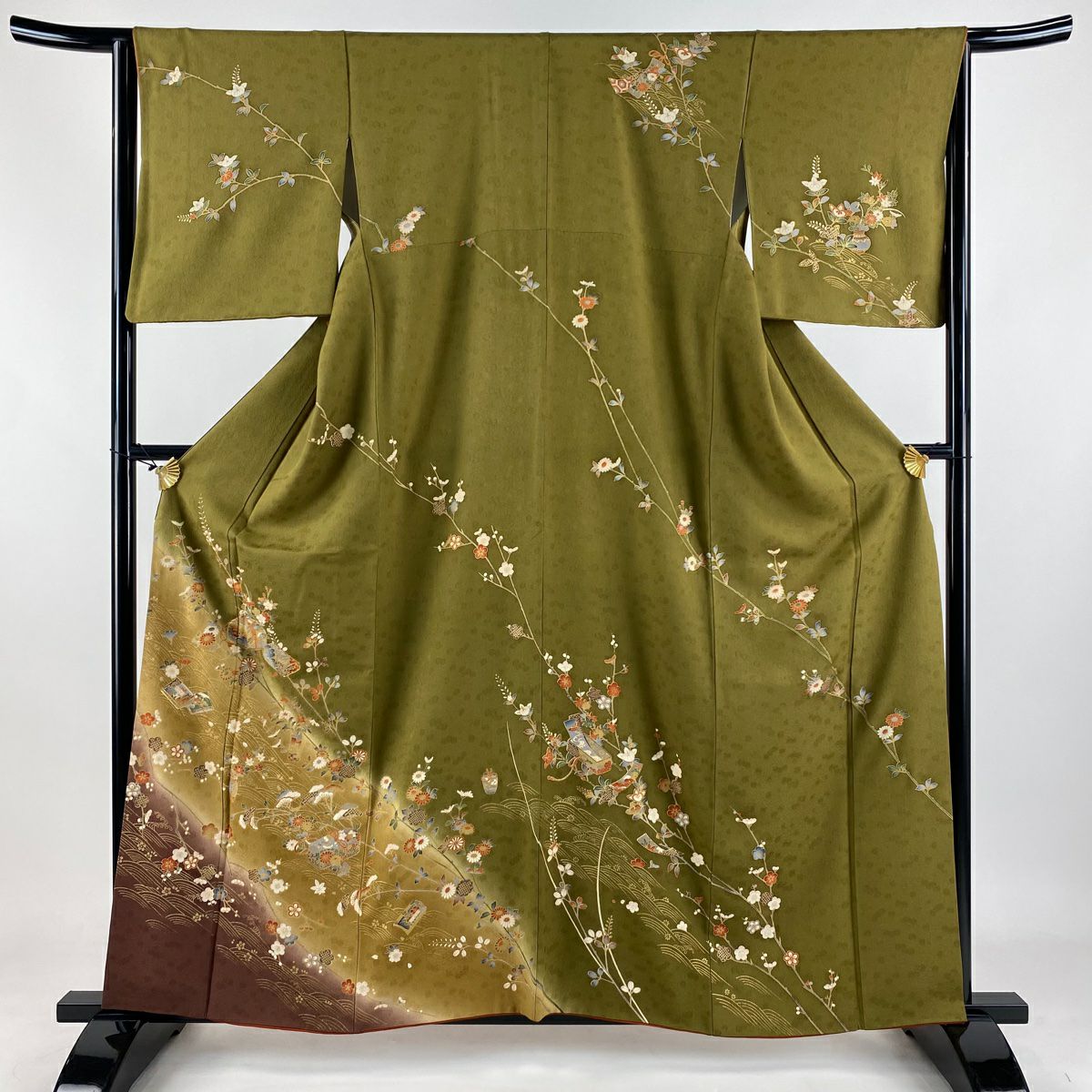 訪問服 身長160cm 袖長64.5cm M 雙層 文箱 秋草 金絲 金銀彩 茶綠 純蠶絲 秀品級