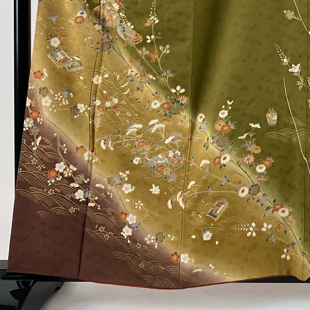 訪問服 身長160cm 袖長64.5cm M 雙層 文箱 秋草 金絲 金銀彩 茶綠 純蠶絲 秀品級