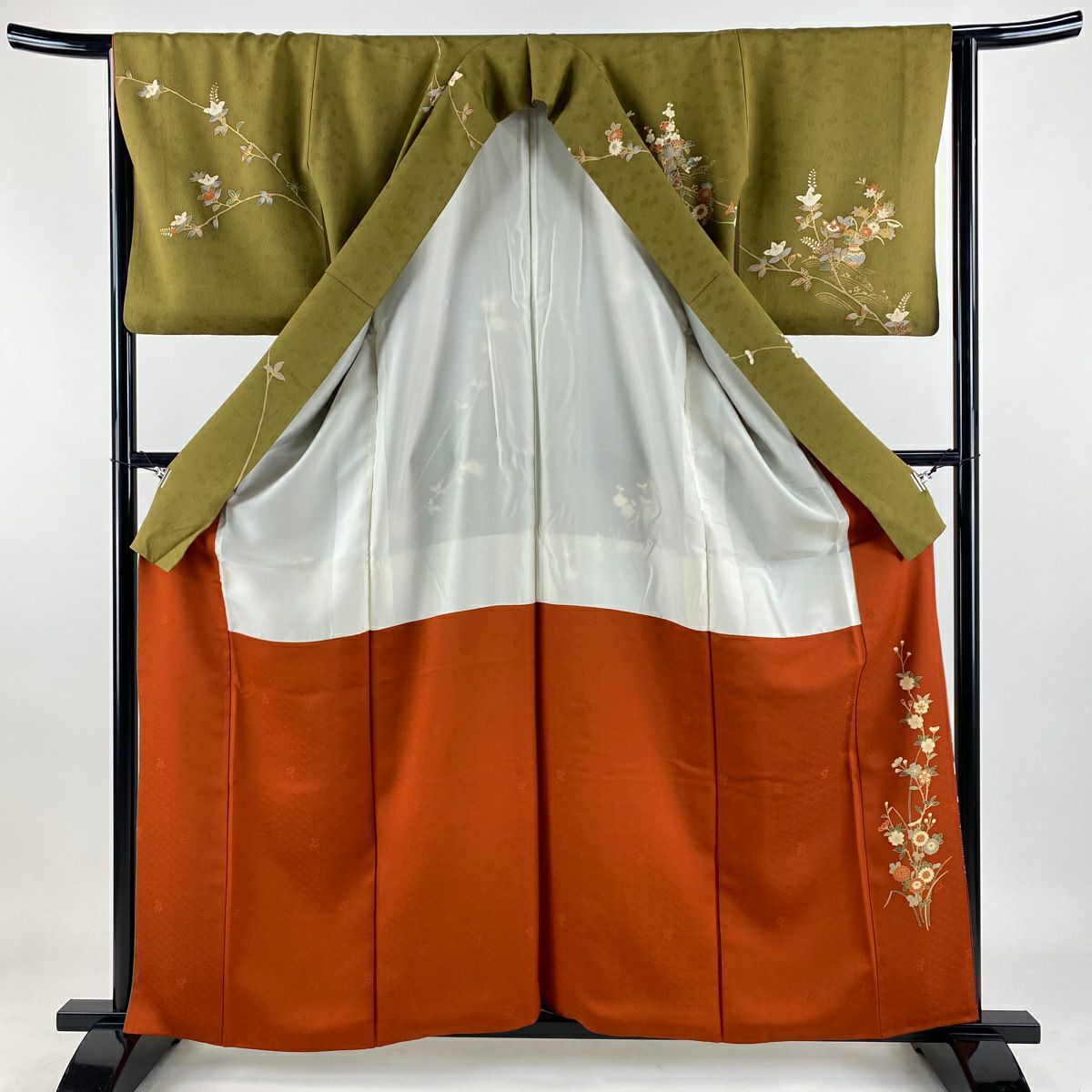 訪問服 身長160cm 袖長64.5cm M 雙層 文箱 秋草 金絲 金銀彩 茶綠 純蠶絲 秀品級
