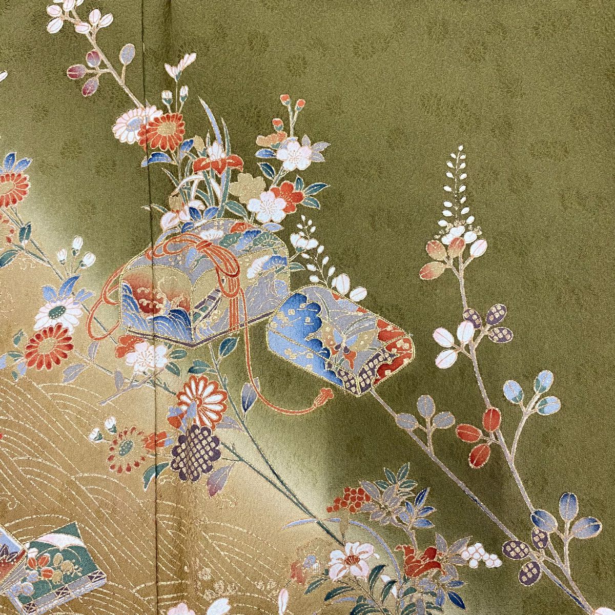 訪問服 身長160cm 袖長64.5cm M 雙層 文箱 秋草 金絲 金銀彩 茶綠 純蠶絲 秀品級