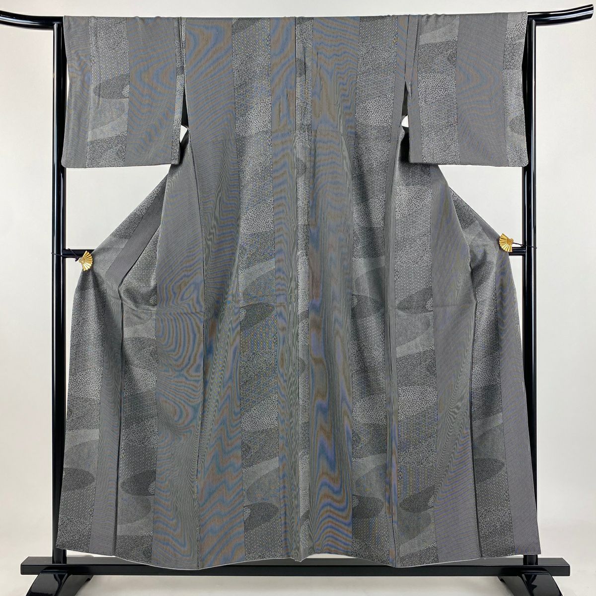 小紋 身長156cm 袖長64.5cm M 雙層 寄せ柄 縞 黑灰 純蠶絲 秀品級