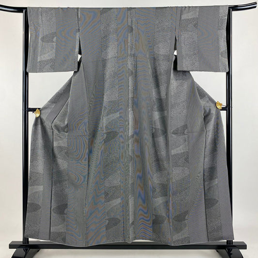 小紋 身長156cm 袖長64.5cm M 雙層 寄せ柄 縞 黑灰 純蠶絲 秀品級