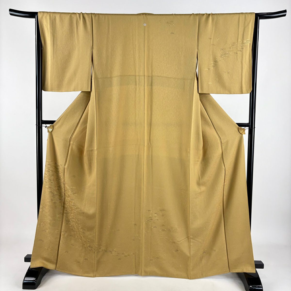 付下 身長164.5cm 袖長67cm M 雙層 松樹竹子梅花 流水 刺繡 金線 芥末色 純蠶絲 名品級 一個紋