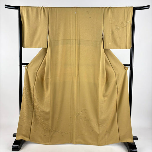 付下 身長164.5cm 袖長67cm M 雙層 松樹竹子梅花 流水 刺繡 金線 芥末色 純蠶絲 名品級 一個紋