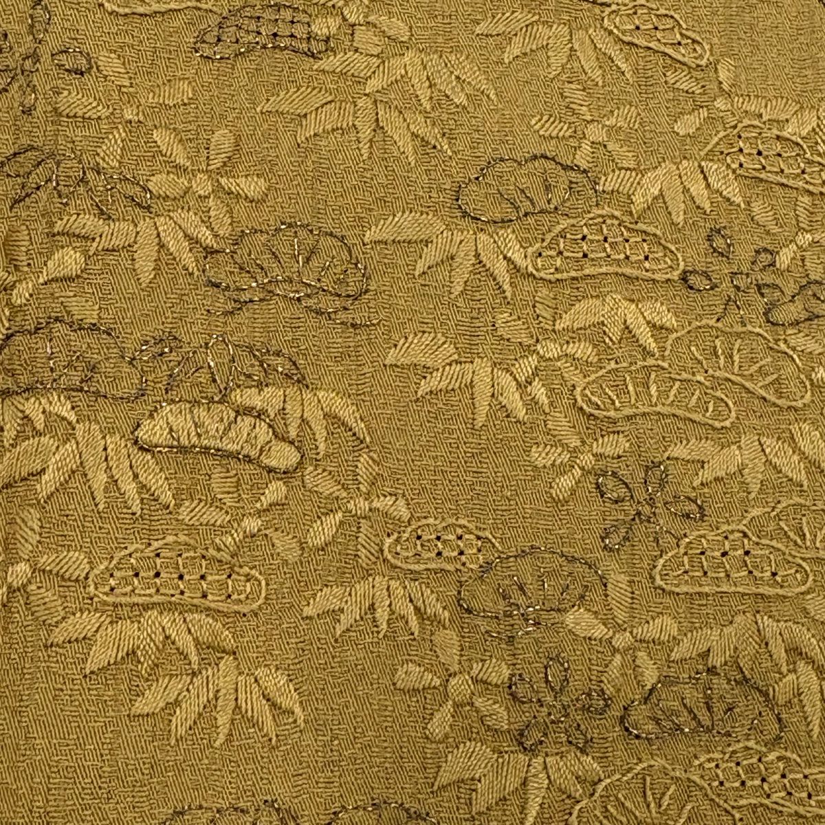 付下 身長164.5cm 袖長67cm M 雙層 松樹竹子梅花 流水 刺繡 金線 芥末色 純蠶絲 名品級 一個紋