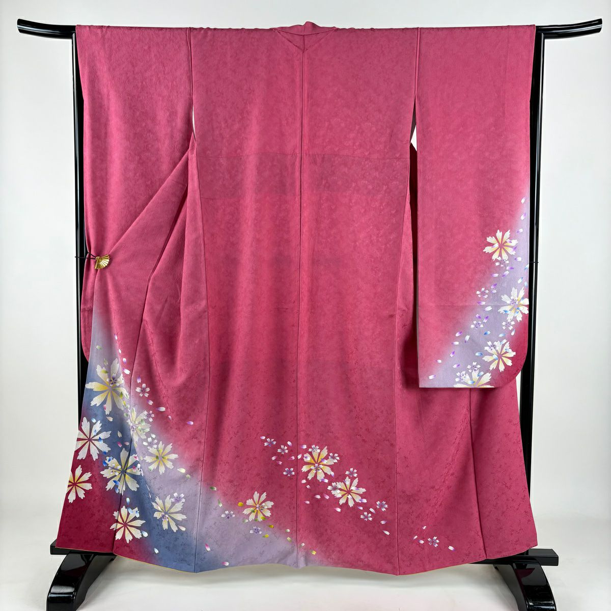振袖禮服 身長160cm 袖長65.5cm M 雙層 花 櫻花 金銀彩 漸層 深粉 純蠶絲 名品級