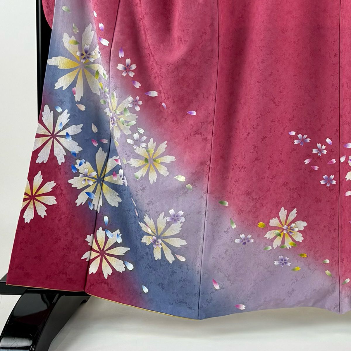 振袖禮服 身長160cm 袖長65.5cm M 雙層 花 櫻花 金銀彩 漸層 深粉 純蠶絲 名品級