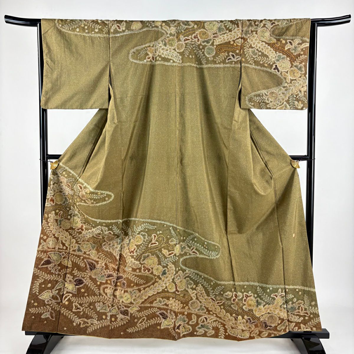 【庫存清倉】訪問服 身長160.5cm 袖長65.5cm M 雙層 紬織織 落款 草花紋紋 霞 絞染 茶綠 純蠶絲 名品級