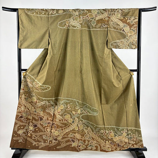 【庫存清倉】訪問服 身長160.5cm 袖長65.5cm M 雙層 紬織織 落款 草花紋紋 霞 絞染 茶綠 純蠶絲 名品級
