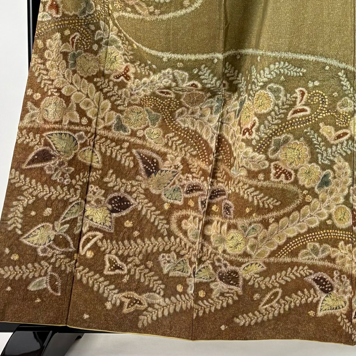 【庫存清倉】訪問服 身長160.5cm 袖長65.5cm M 雙層 紬織織 落款 草花紋紋 霞 絞染 茶綠 純蠶絲 名品級
