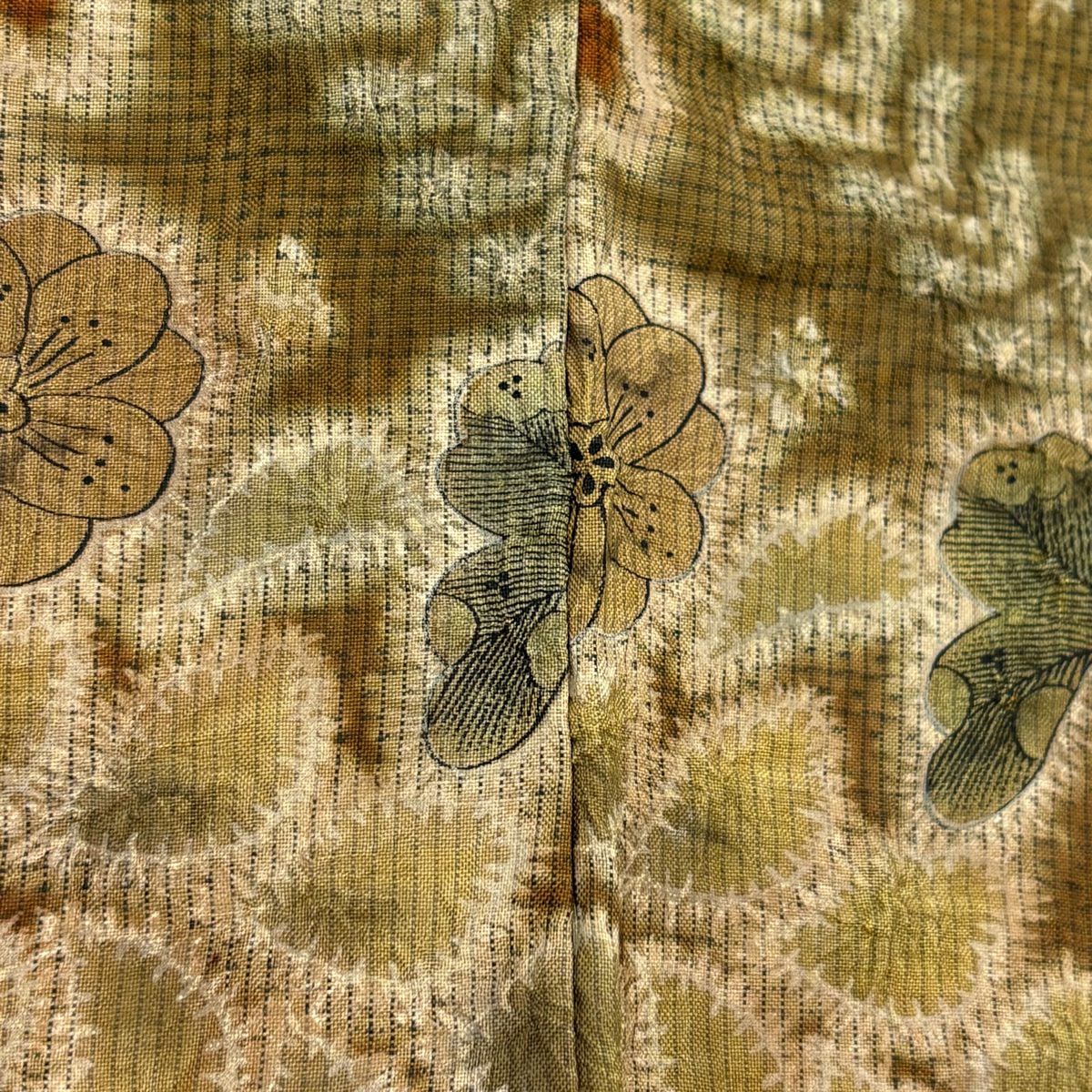 【庫存清倉】訪問服 身長160.5cm 袖長65.5cm M 雙層 紬織織 落款 草花紋紋 霞 絞染 茶綠 純蠶絲 名品級