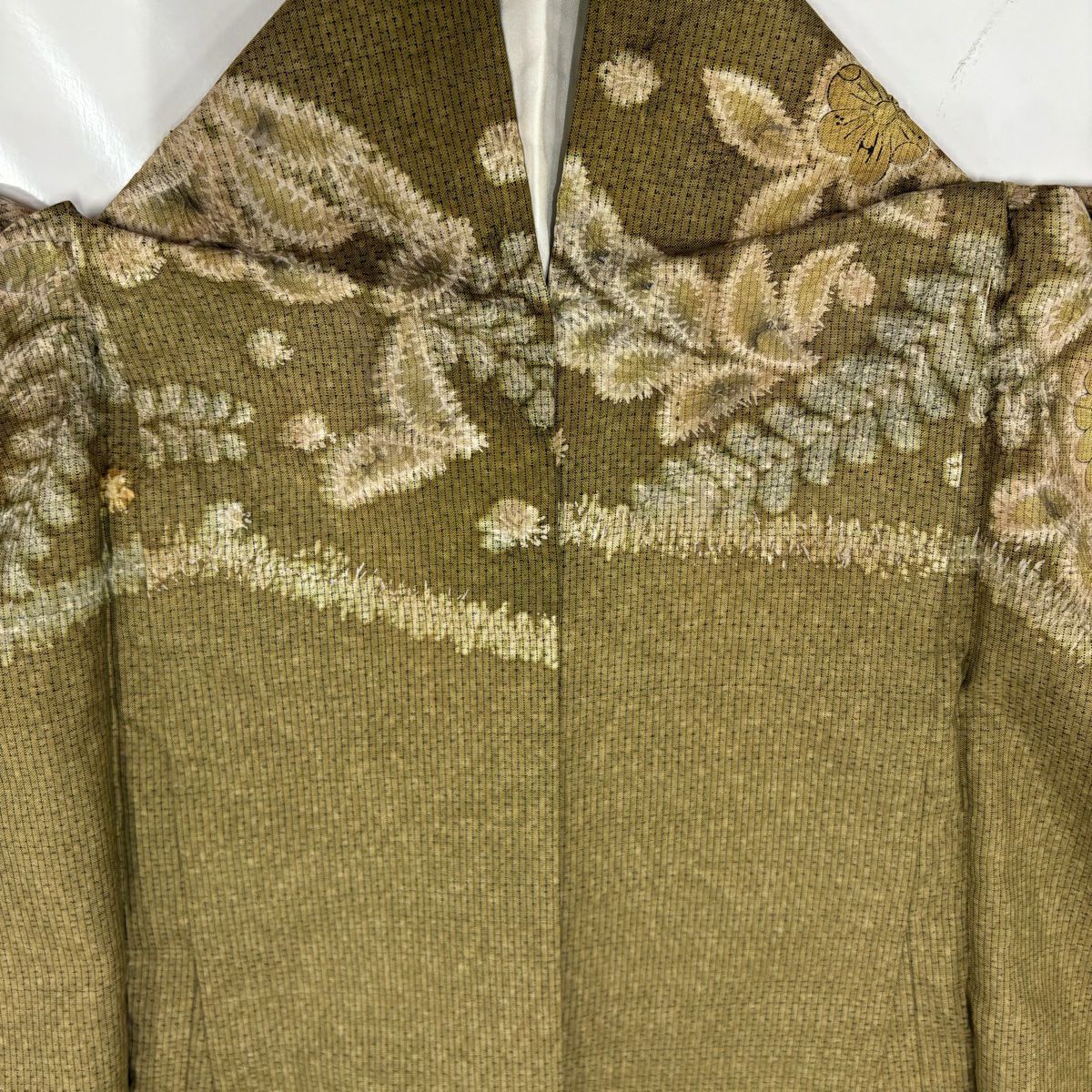 【庫存清倉】訪問服 身長160.5cm 袖長65.5cm M 雙層 紬織織 落款 草花紋紋 霞 絞染 茶綠 純蠶絲 名品級