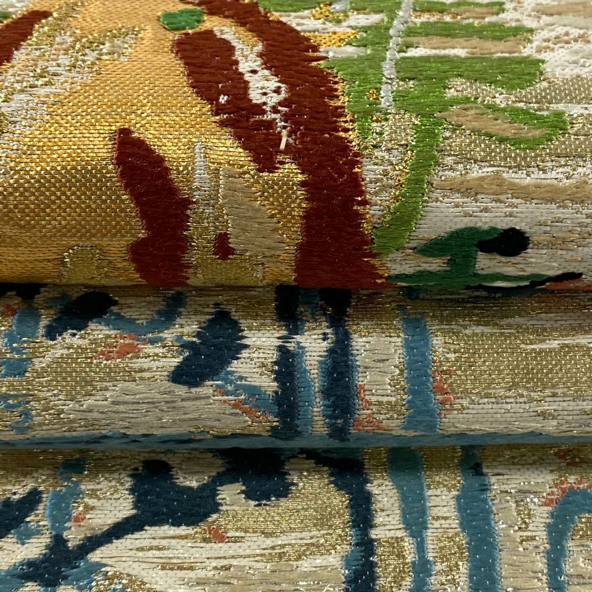 袋帶 逸品級 龍村平藏 落款 山 樹木 刺繡 金金箔 薄小豆 六通 純蠶絲