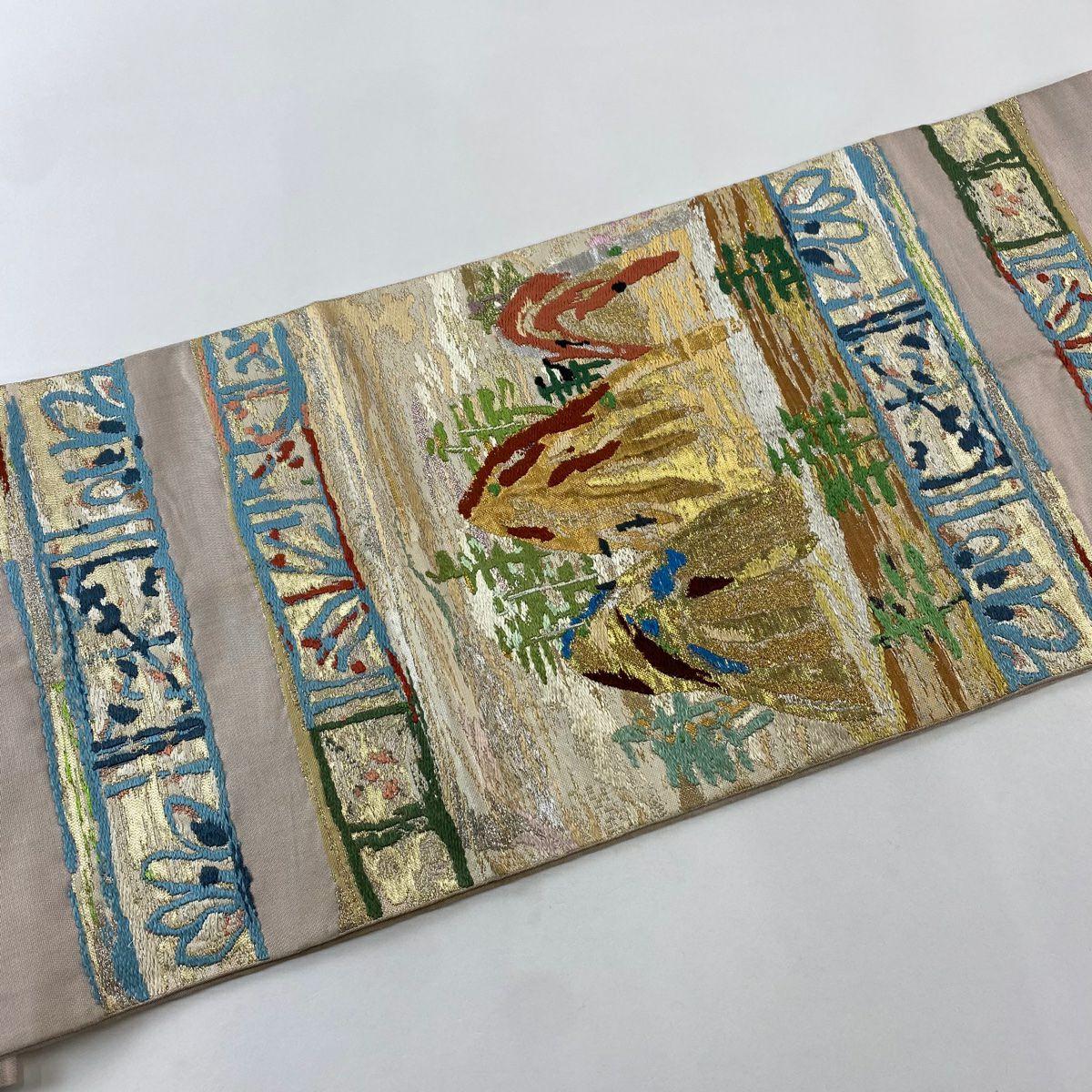 袋帶 逸品級 龍村平藏 落款 山 樹木 刺繡 金金箔 薄小豆 六通 純蠶絲