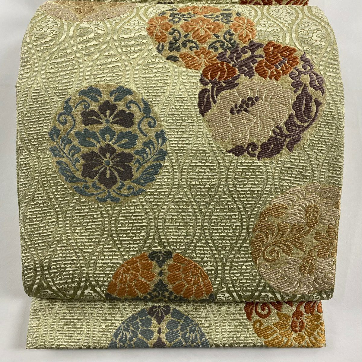【庫存清倉】 【美品】 袋帶 名品級 華紋 花唐草紋 金絲 刺繡 灰綠 六通 純蠶絲