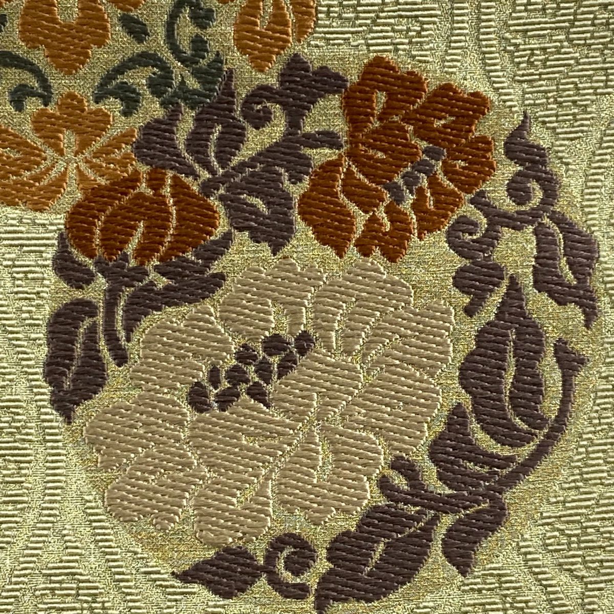 【庫存清倉】 【美品】 袋帶 名品級 華紋 花唐草紋 金絲 刺繡 灰綠 六通 純蠶絲