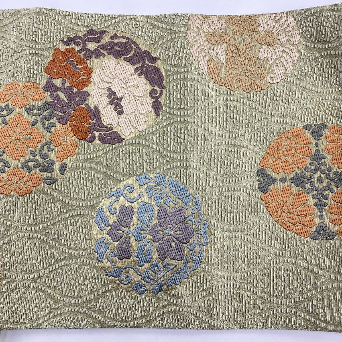 【庫存清倉】 【美品】 袋帶 名品級 華紋 花唐草紋 金絲 刺繡 灰綠 六通 純蠶絲