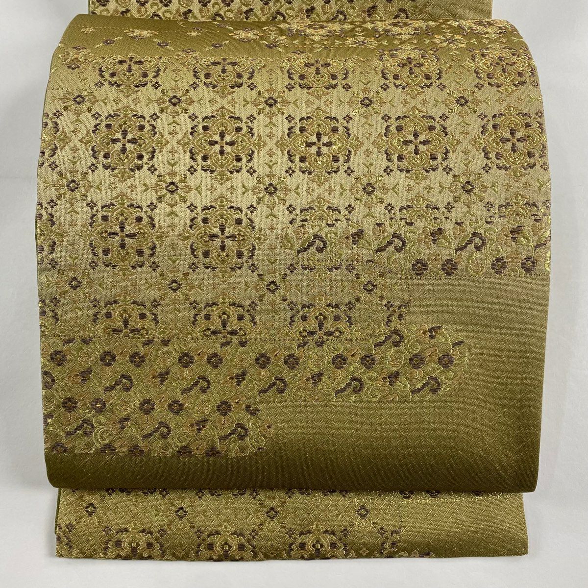 【庫存清倉】 【美品】 袋帶 名品級 華紋 金絲 金金箔 鶯色 六通 純蠶絲