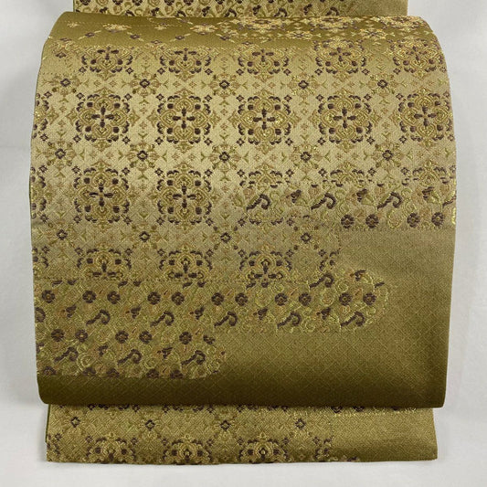 【庫存清倉】 【美品】 袋帶 名品級 華紋 金絲 金金箔 鶯色 六通 純蠶絲