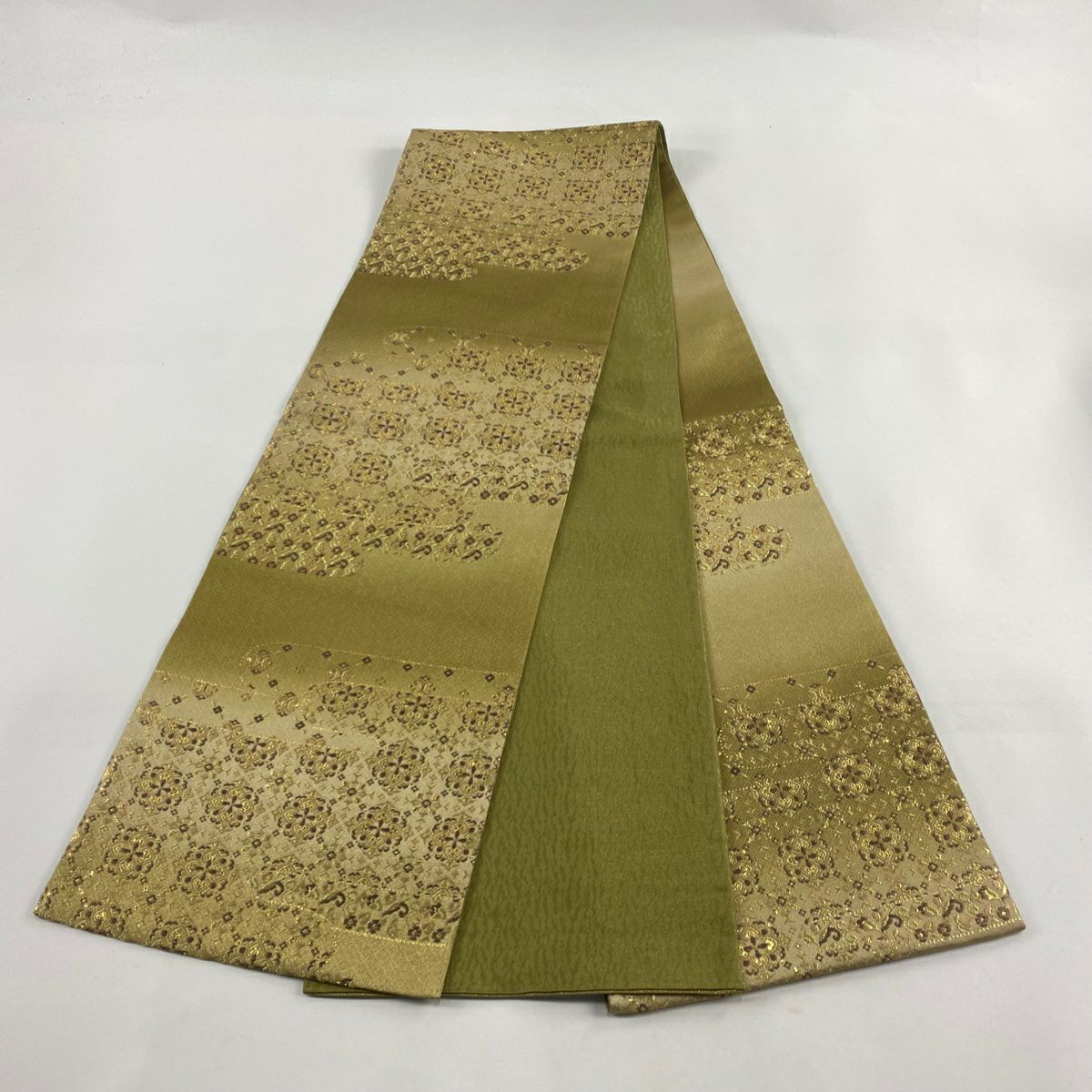 【庫存清倉】 【美品】 袋帶 名品級 華紋 金絲 金金箔 鶯色 六通 純蠶絲