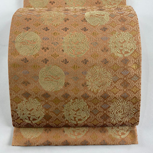 【清倉特賣】 【美品】 袋帶 名品級 金金箔屋清兵衛 有落款 花丸紋 鳥 金絲 刺繡 粉米色 六通 純蠶絲