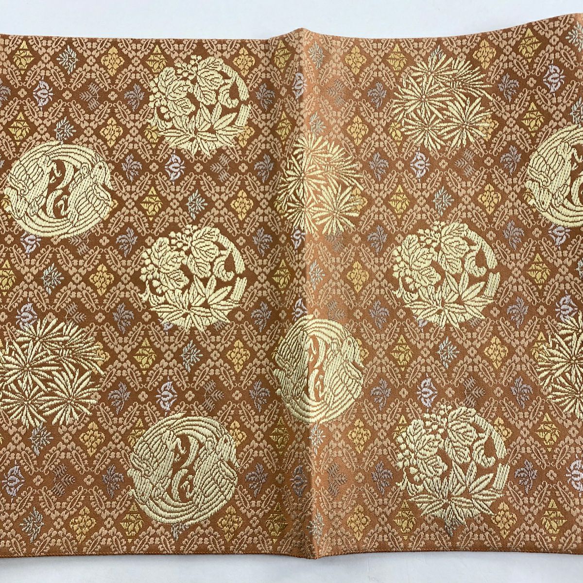 【清倉特賣】 【美品】 袋帶 名品級 金金箔屋清兵衛 有落款 花丸紋 鳥 金絲 刺繡 粉米色 六通 純蠶絲
