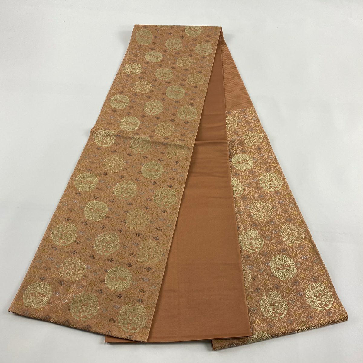 【清倉特賣】 【美品】 袋帶 名品級 金金箔屋清兵衛 有落款 花丸紋 鳥 金絲 刺繡 粉米色 六通 純蠶絲