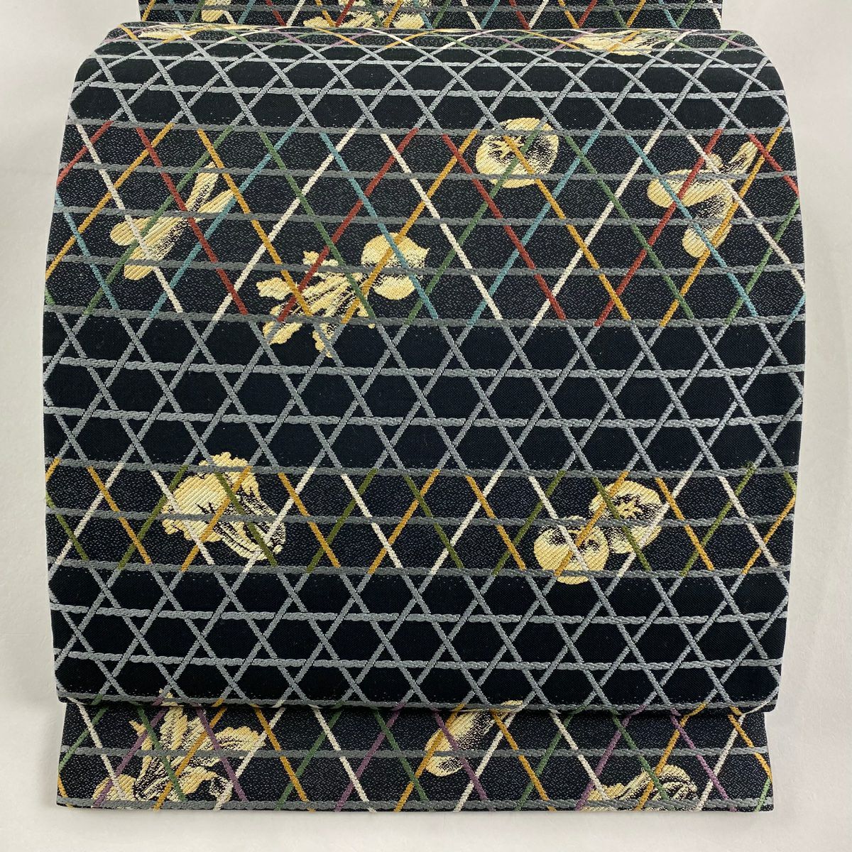 【清倉特賣】 【美品】 袋帶 名品級 蔬菜 籠目 刺繡 黑 六通 純蠶絲