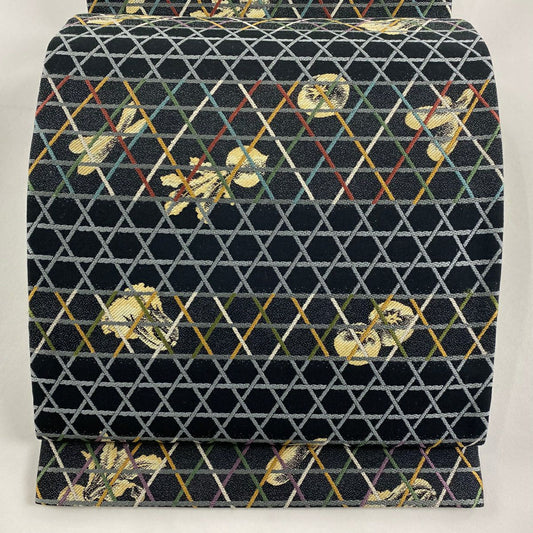【清倉特賣】 【美品】 袋帶 名品級 蔬菜 籠目 刺繡 黑 六通 純蠶絲