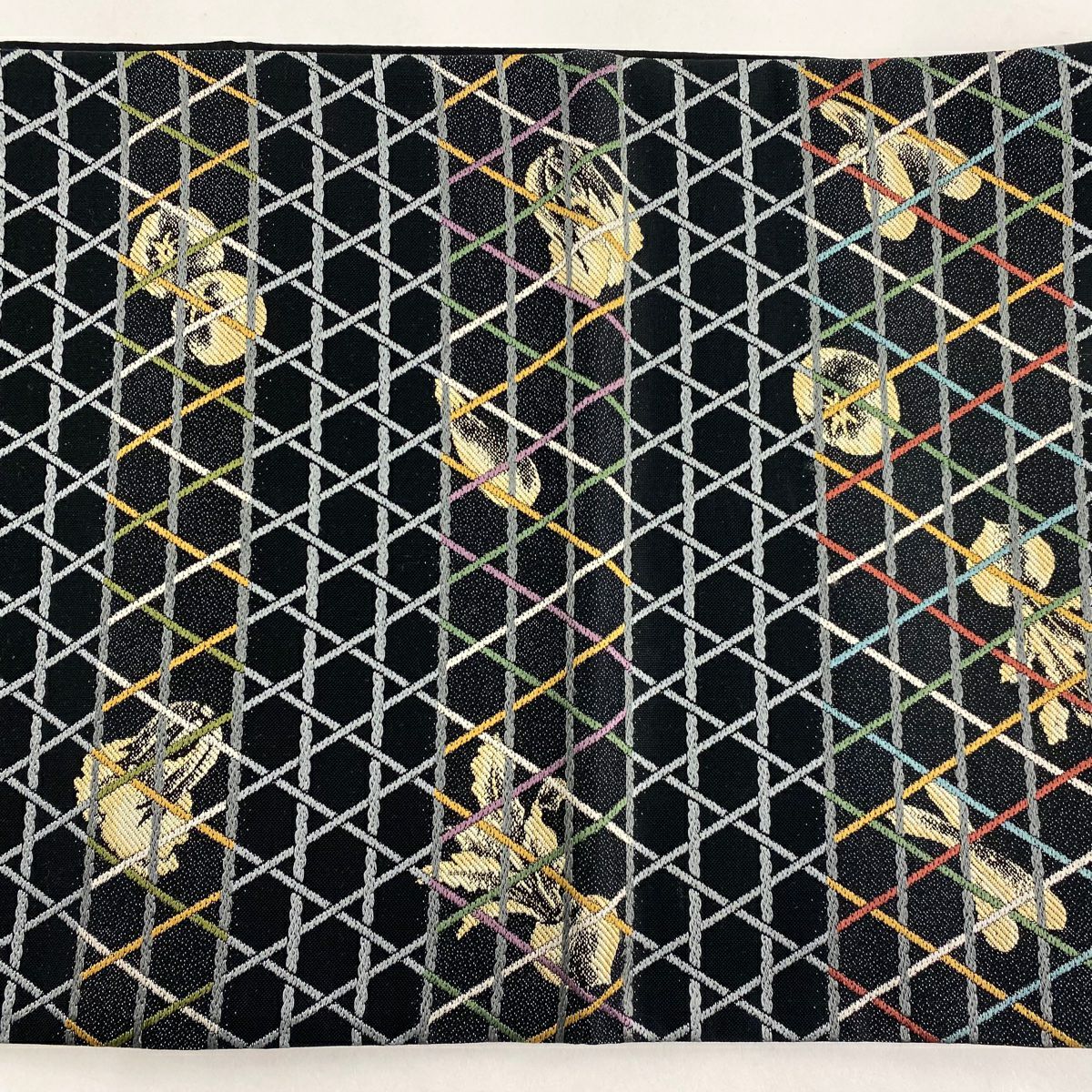 【清倉特賣】 【美品】 袋帶 名品級 蔬菜 籠目 刺繡 黑 六通 純蠶絲