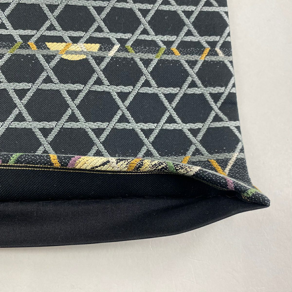 【清倉特賣】 【美品】 袋帶 名品級 蔬菜 籠目 刺繡 黑 六通 純蠶絲