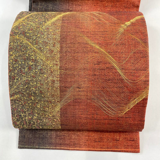 【庫存清倉】 【美品】 袋帶 名品級 關西仕立 雜幾何圖案 金絲 茜色 大鼓圖案 純蠶絲