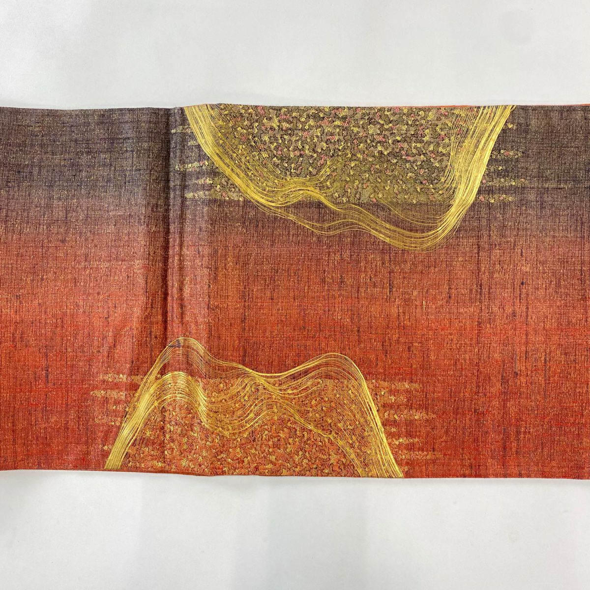 【庫存清倉】 【美品】 袋帶 名品級 關西仕立 雜幾何圖案 金絲 茜色 大鼓圖案 純蠶絲