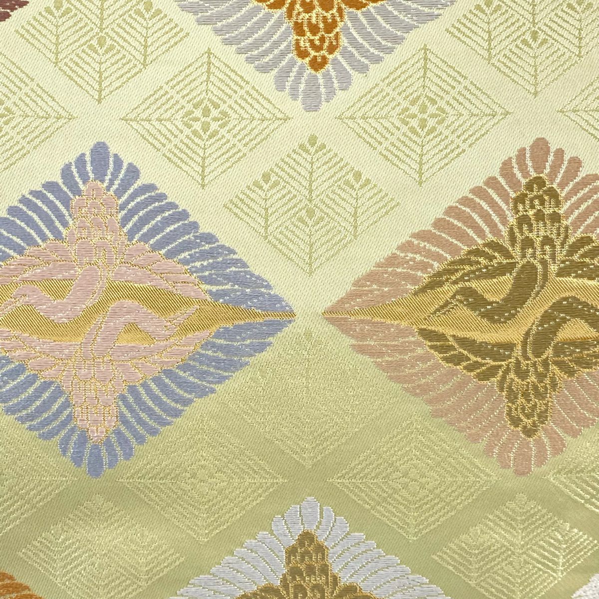 【庫存清倉】 【美品】 袋帶 名品級 向鳥 菱 金金箔 抹茶 深綠 六通 純蠶絲