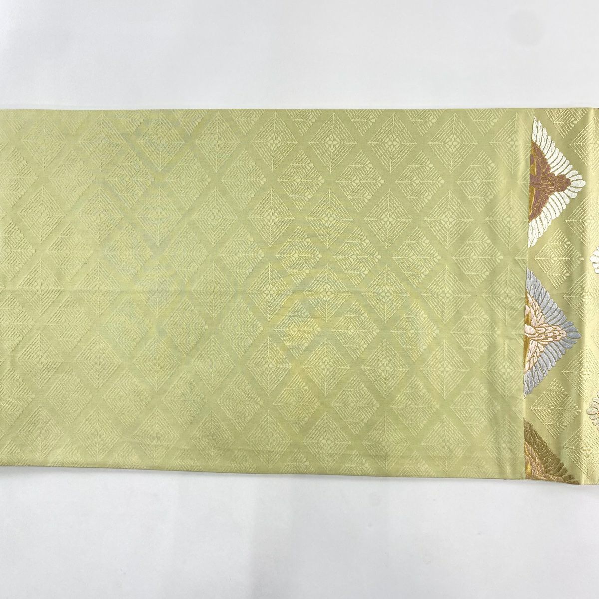 【庫存清倉】 【美品】 袋帶 名品級 向鳥 菱 金金箔 抹茶 深綠 六通 純蠶絲